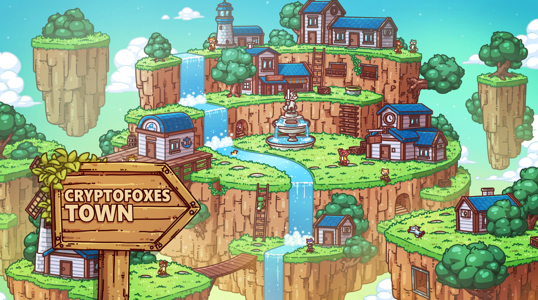 This image depicts a detailed pixel art town called "Cryptofoxes Town," set on floating islands in a vibrant fantasy world. The town features multiple levels connected by bridges and ladders, with waterfalls flowing between them. Buildings with blue roofs, a central fountain, and a lighthouse are visible, while fox characters (Cryptofoxes) are scattered across the scene. The town has lush greenery and a bright, sky-filled background. The image highlights a retro gaming aesthetic, fantasy landscape design, and pixel art style, ideal for video game fans and NFT projects. A wooden signboard in the foreground reads "Cryptofoxes Town."