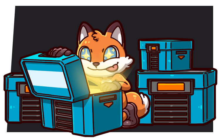 This image features a cute fox character (Cryptofoxes) opening a glowing loot box. The fox, with bright, expressive eyes and a playful smile, is at the center of the scene, looking excited about discovering something valuable inside the box. The art style is a blend of pixel art and modern cartoon aesthetics, appealing to fans of video games and collectible items. This illustration is ideal for representing NFT collections, in-game rewards, or treasure box mechanics in a fantasy or web3 game. The overall tone is playful and engaging, capturing the spirit of exploration and discovery.